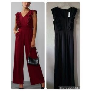 NWT NY & Company Wide Leg Women Jumpsuit SZ XS Black Pockets Ruffle Minimalist‎